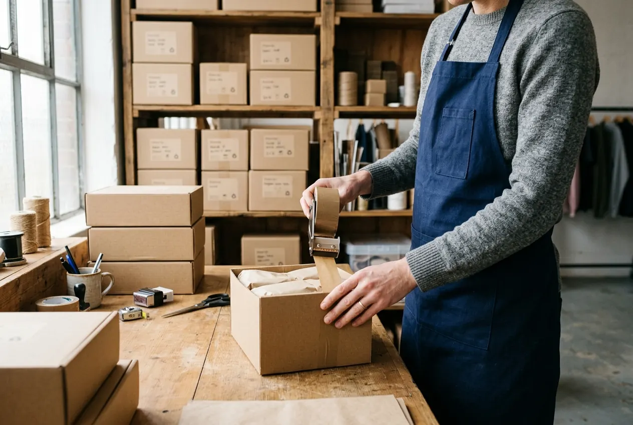 Hands packing a parcel in a small fulfilment studio