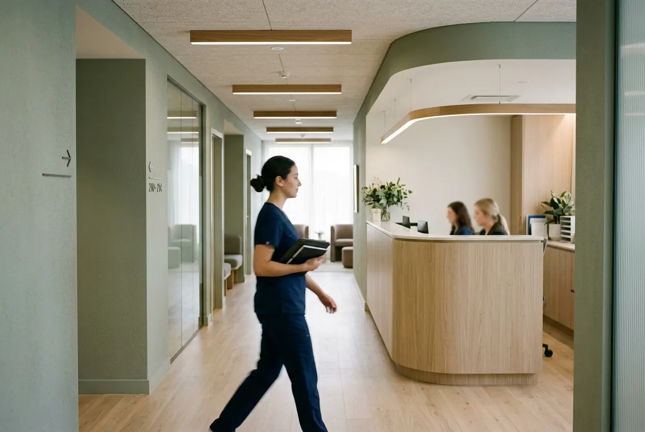 Clinician walking through a calm clinic corridor
