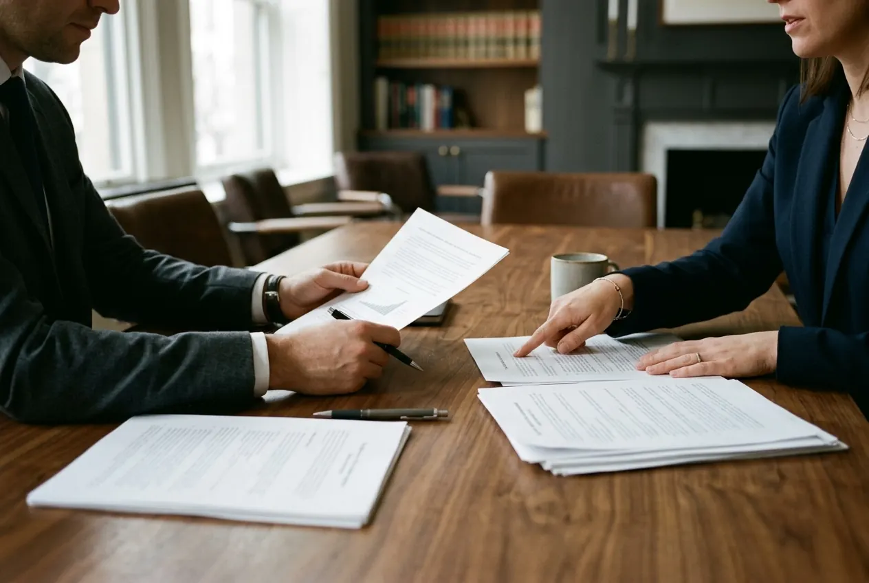 Two professionals reviewing printed documents at a meeting table
