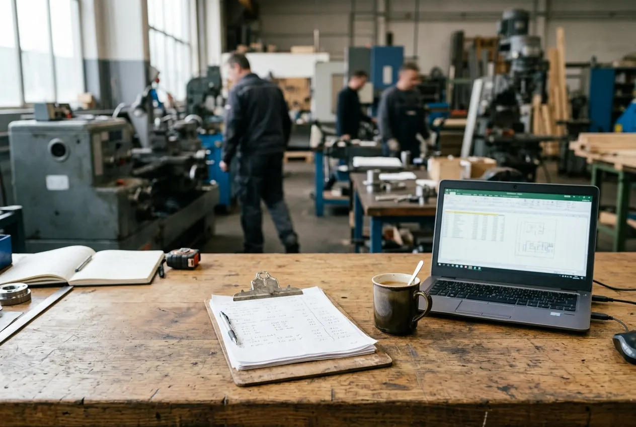 Workshop manager's desk with paperwork and a laptop